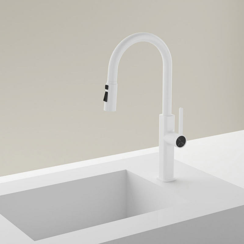 Commercial pull-down kitchen faucet with separate handles