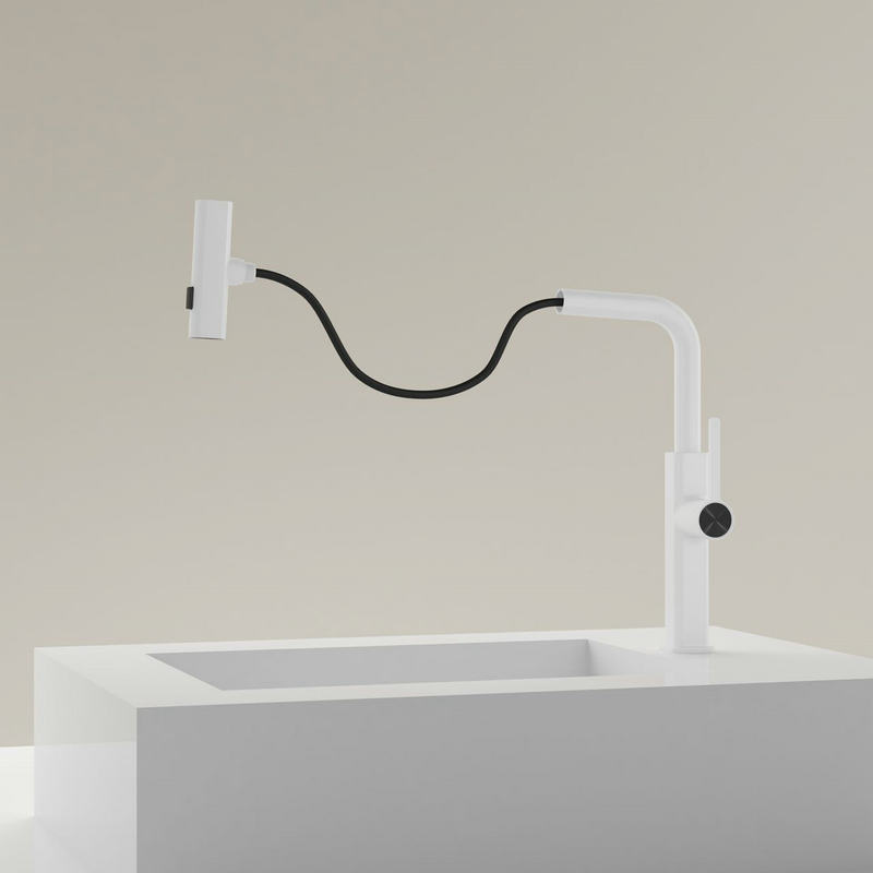 White Commercial Kitchen Faucet With Pull Down Sprayer